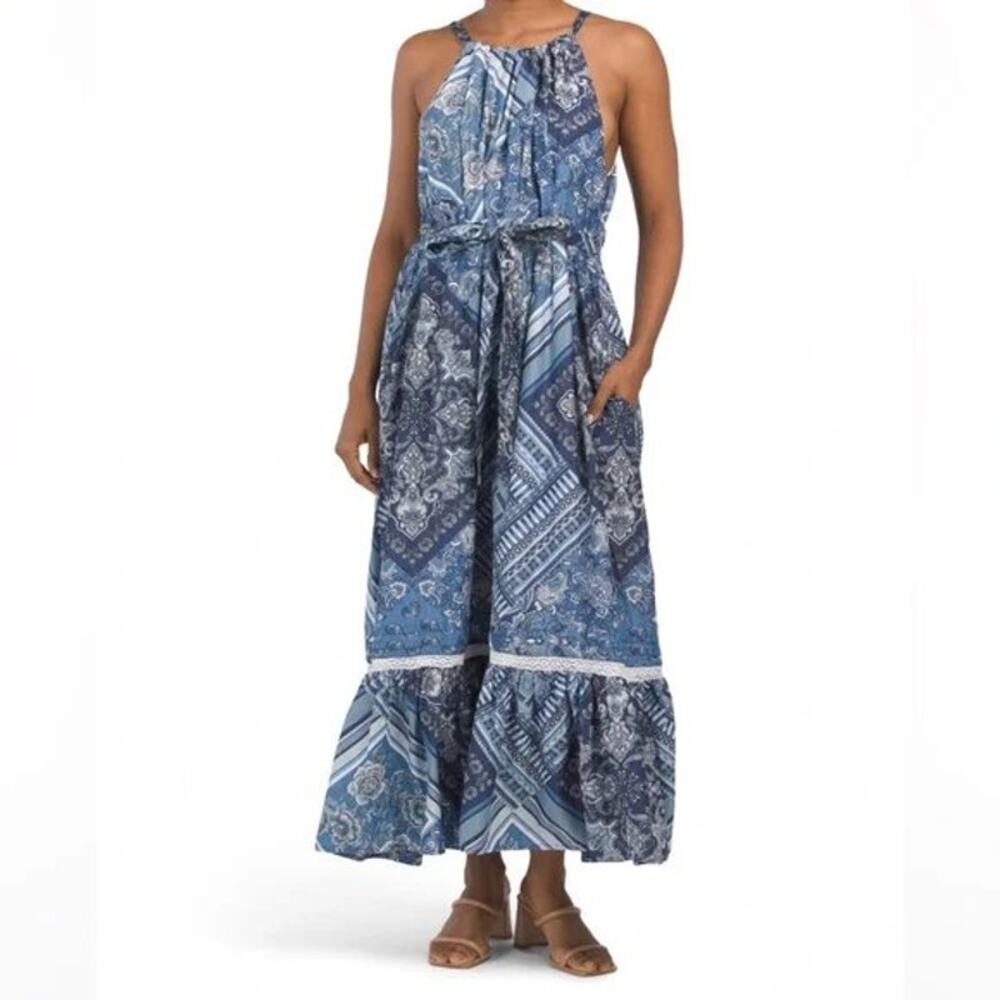 Lucky Brand NWT Halter Maxi Dress Blue Bandana Belt Pockets Ruffle Lace Cotton M